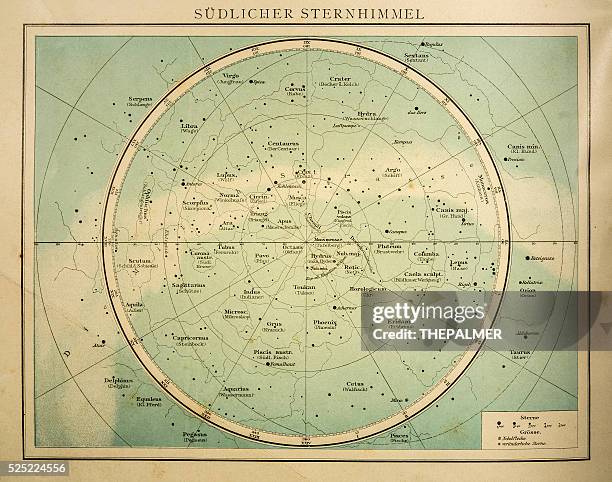 die südhimmel gravur 1896 - sternenkarte stock-grafiken, -clipart, -cartoons und -symbole