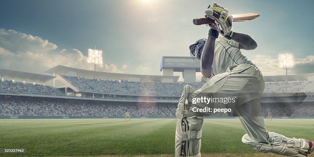 Cricket Batsman With Bat Up After Hitting Ball In Game