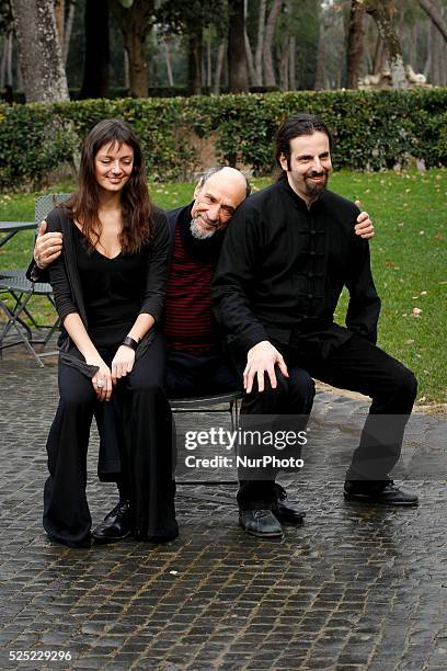 Actor F Murray Abraham with Diana Dell'Erba and productor Luis Nero attends"'Il Mistero Di Dante" photocall in Rome - Villa Borghese