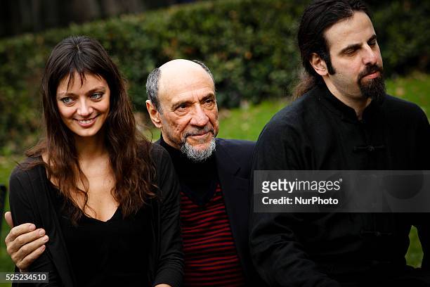 Actor F Murray Abraham with Diana Dell'Erba and productor Luis Nero attends"'Il Mistero Di Dante" photocall in Rome - Villa Borghese