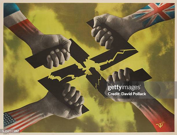 Hands representing the United States, Great Britain, the Soviet Union and liberated France pull apart and shatter a swastika. Illustrated by Henrion,...