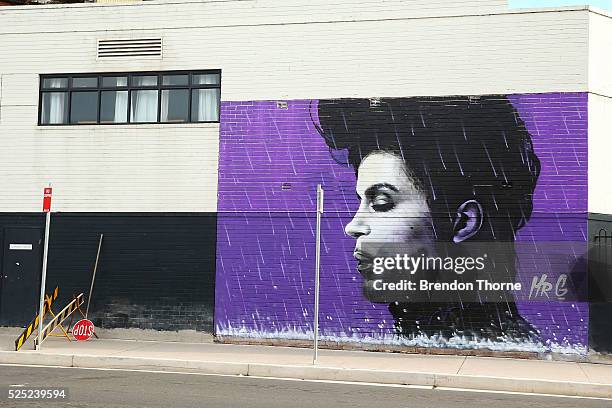 View of the Prince mural on April 28, 2016 in Sydney, Australia. The mural stands 7m high and 5m wide by Penrith local Graham Hoete on Sunday. Rock...