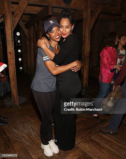 Renee Elise Goldsberry and Tracy Ellis Ross pose backstage at Broadway's "Hamilton" at Richard Rodgers Theatre on April 27, 2016 in New York City.