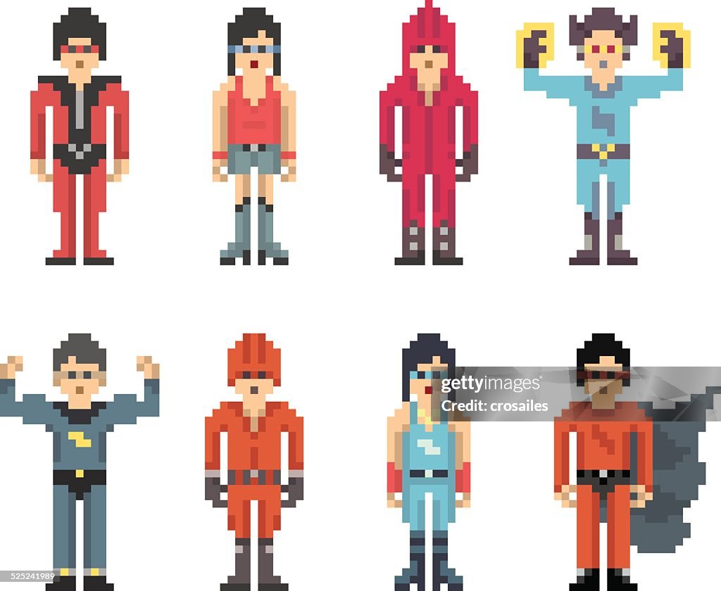Superhero Characters in Pixel Art Style