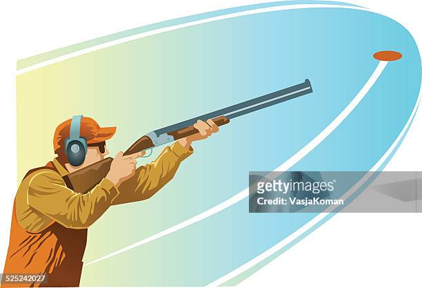 clay pigeon shooter aiming shotgun at the target - clay stock illustrations