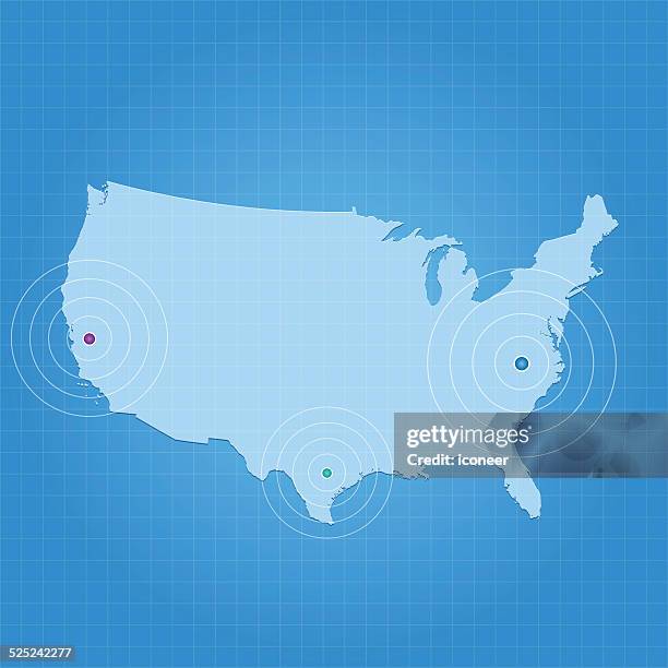 usa map on blue background with markers - current state stock illustrations