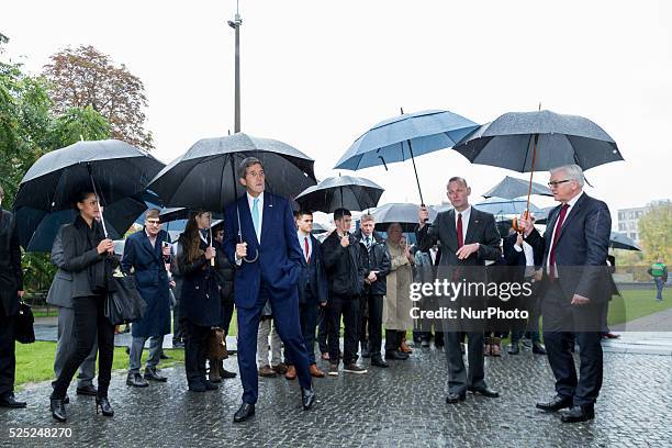 Secretary of state John F. Kerry visits the Berliner Wall memorial with German foreign minister Steinmeier on October 22nd, 2014 in Berlin, Germany....