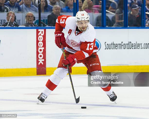 Pavel Datsyuk of the Detroit Red Wings skates against the Tampa Bay Lightning during Game Five of the Eastern Conference First Round in the 2016 NHL...