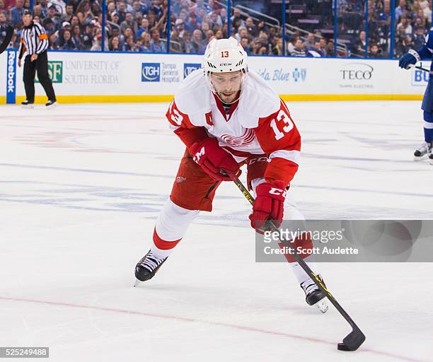 Pavel Datsyuk of the Detroit Red Wings skates against the Tampa Bay Lightning during Game Five of the Eastern Conference First Round in the 2016 NHL...