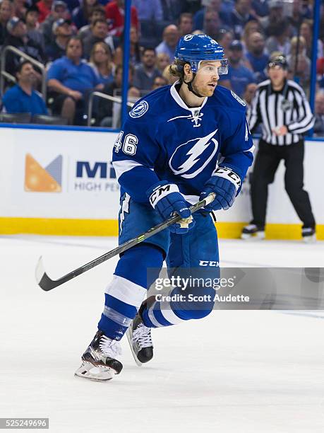 Michael Blunden of the Tampa Bay Lightning skates against the Detroit Red Wings during the first period of Game Five of the Eastern Conference First...
