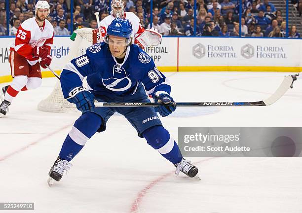 Vladislav Namestnikov of the Tampa Bay Lightning skates against the Detroit Red Wings during the first period of Game Five of the Eastern Conference...