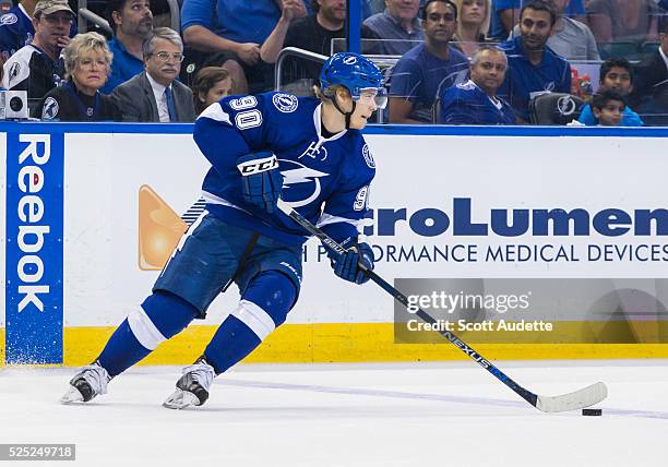 Vladislav Namestnikov of the Tampa Bay Lightning skates against the Detroit Red Wings during the second period of Game Five of the Eastern Conference...