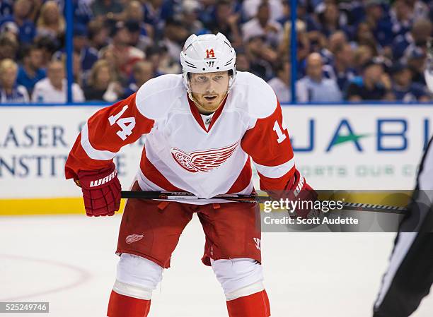 Gustav Nyquist of the Detroit Red Wings skates against the Tampa Bay Lightning during Game Five of the Eastern Conference First Round in the 2016 NHL...