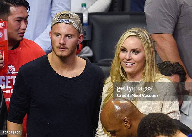 Lindsey Vonn and Alexander Ludwig attend a basketball game between the Portland Trail Blazers and the Los Angeles Clippers at Staples Center on April...