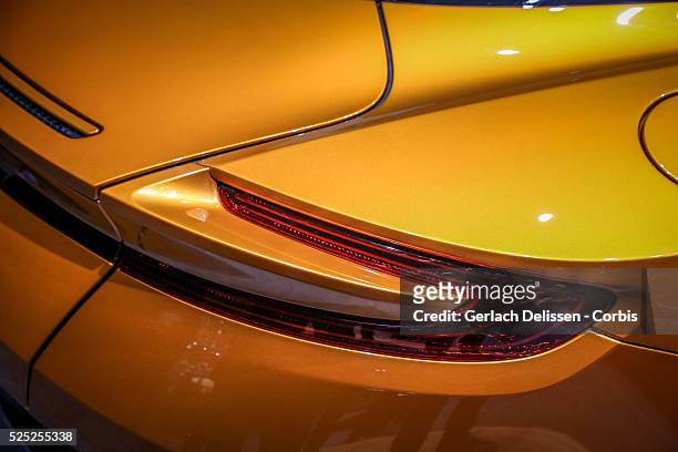 Back side detail of the Aston Martin DB11 as on display at the 86th Geneva International Motorshow at Palexpo in Switzerland, March 2, 2016.