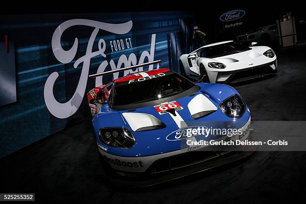 The Ford GT racer next to the street legal Ford GT as on display at the 86th Geneva International Motorshow at Palexpo in Switzerland, March 2, 2016.