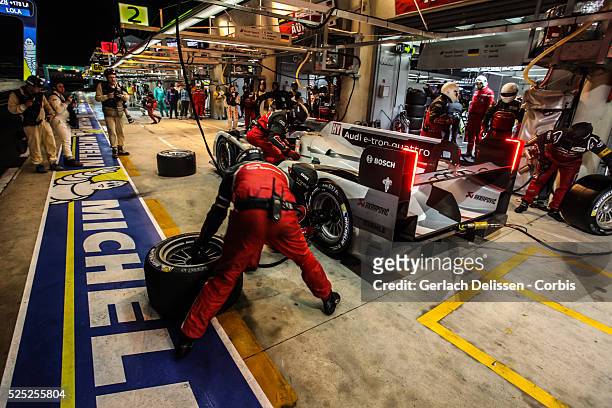 Class Audi Sport Team Joest Audi R18 e-tron quattro of Lucas Di Grassi, Marc Gene and Oliver Jarvis in the pitlane during the 2013 Le Mans 24 Hours...