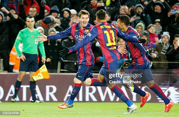 Febrero- SPAIN: Leo Messi, Rafinha and Neymar Jr. Goal celebration in the match beetween FC Barcelona and Vllarreal, fot the week 21 of the sanish...