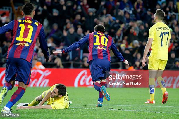 Febrero- SPAIN: Leo Messi andNeymar Jr. Goal celebration in the match beetween FC Barcelona and Vllarreal, fot the week 21 of the sanish league,...