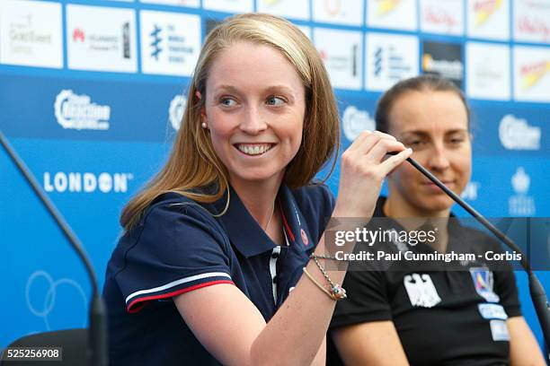 Non Stanford of Great Britain gives a media interview prior to the Elite Women's race at the PRUHealth World Triathlon Grand Final London - London,...