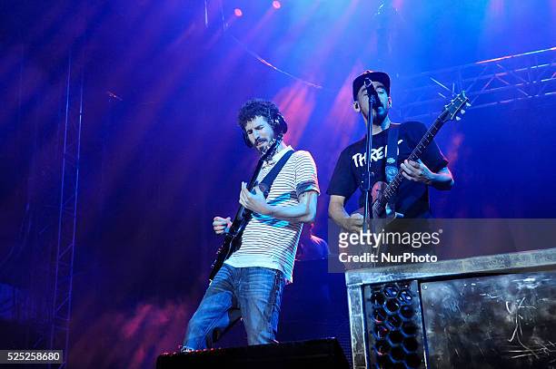 Brad Delson and Mike Shinoda of Linkin Park perform onstage during River City Rockfest at the AT&amp;T Center on May 24, 2015 in San Antonio, Texas.
