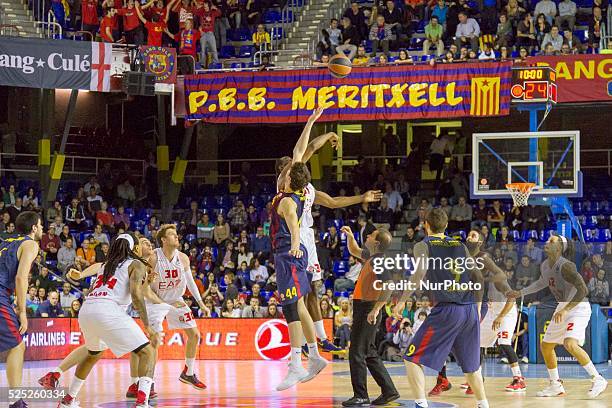 Ante Tomic of FC Barcelona jumping at the begining of the match of top16 Euroliga between FC Barcelona and EA7 Emporio Armani played at Palau...