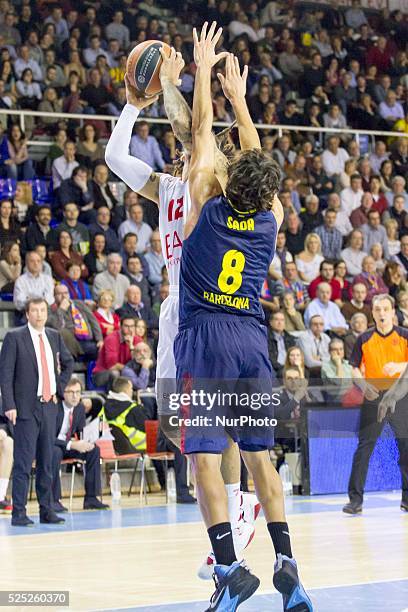 Daniel Hackett and Victor Sada in the match of top16 Euroliga between FC Barcelona and EA7 Emporio Armani played at Palau Blaugrana in Barcelona, el...