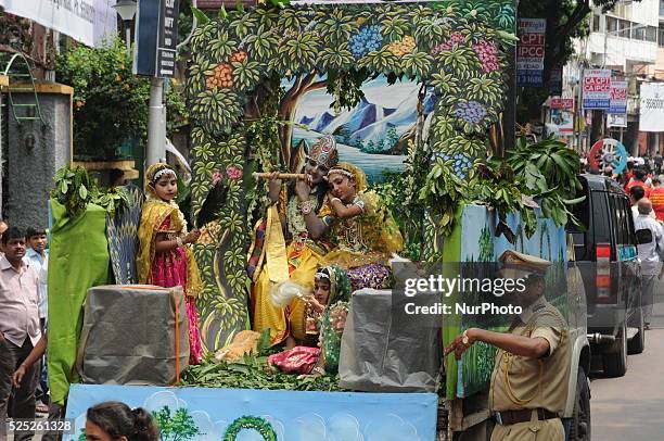 Devotees join the iskcon celebration rath yatra on July 18,2015 in Kolkata,India.