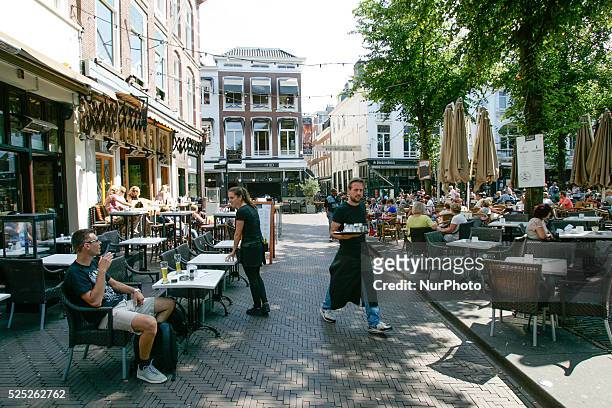 The main square is seen where many pubs and cafes house next to each other. Fans of the local football club ADO Den Haag will be marching in the...