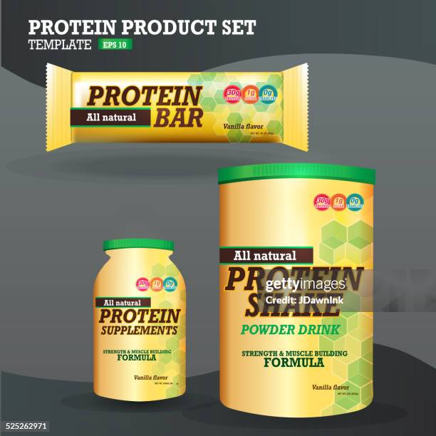 set of protein supplements packaging designs yellow and green - granola bar package stock illustrations