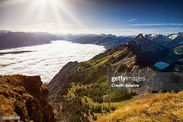 vue sur la vallée du rhin alpstein et pleine de brouillard - canton de saint gall photos et images de collection