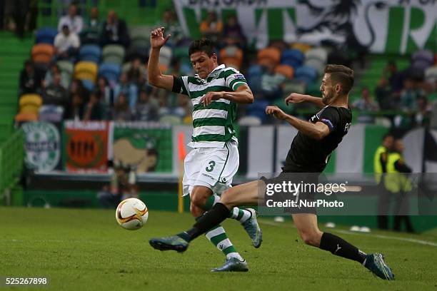 Sporting's defender Jonathan Silva vies with Sknderbeu's midfielder Gerhard Progni during the UEFA Europa League Group H football match between...