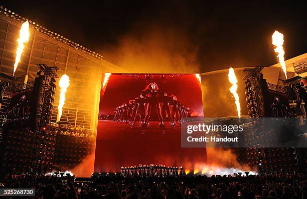 In this handout photo provided by Parkwood Entertainment, Beyonce performs during the opening night of the Formation World Tour at Marlins Park on...