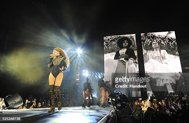In this handout photo provided by Parkwood Entertainment, Beyonce performs during the opening night of the Formation World Tour at Marlins Park on...