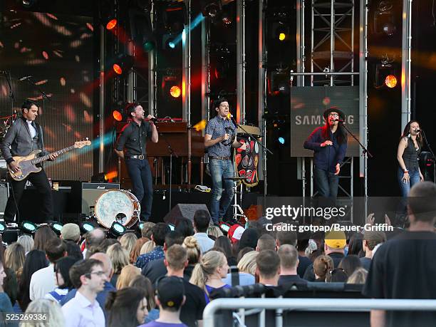 Bob Crawford, Scott Avett, Seth Avett and Joe Kwon of 'The Avett Brothers' are seen performing live on stage at 'Jimmy Kimmel Live' on April 27, 2016...