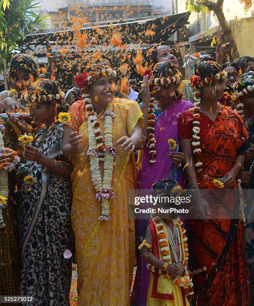 Blind children celebrated the festival holi with flower petals on March 4, 2015 in Kolkata, India. 'Holi', the festival of colours, is a riotous...