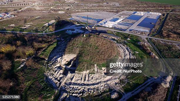 Drone view of a mound where a prehistoric settlement and the first European processed gold was discovered in September near the town of Provadia,...