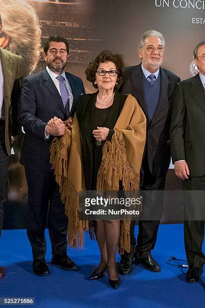 Spanish tenor Placido Domingo and wife Marta Ornelas and Alvaro Maurizio Domingo attend 'Placido en el alma' charity concert at Santiago Bernabeu...