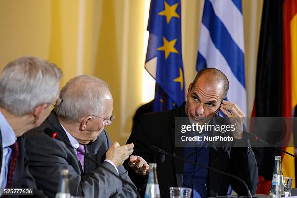 Wolfgang Sch��uble , German Minister of Finance, and Yanis Varoufakis, Greek Minister of Finance during press conference after bilateral meeting...