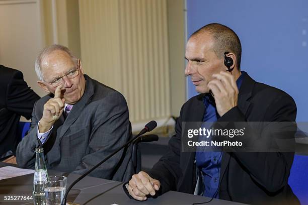 Wolfgang Sch��uble , German Minister of Finance, and Yanis Varoufakis, Greek Minister of Finance during press conference after bilateral meeting...