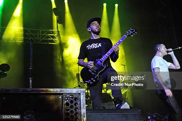Mike Shinoda and vocalist Chester Bennington of Linkin Park perform onstage during River City Rockfest at the AT&amp;T Center on May 24, 2015 in San...