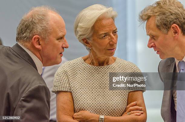 Managing Director of the International Monetary Fund Christine Lagarde talks for the start of a meeting of eurozone finance ministers,The Eurogroup...