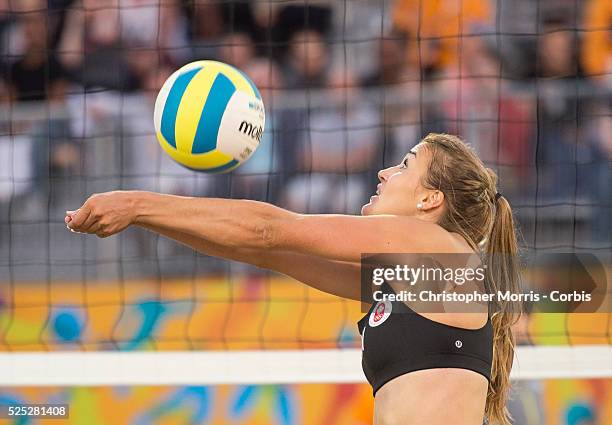 Taylor Pischke of Canada during the the preliminary rounds of beach volleyball competition at the 2015 PanAm Games in Toronto.