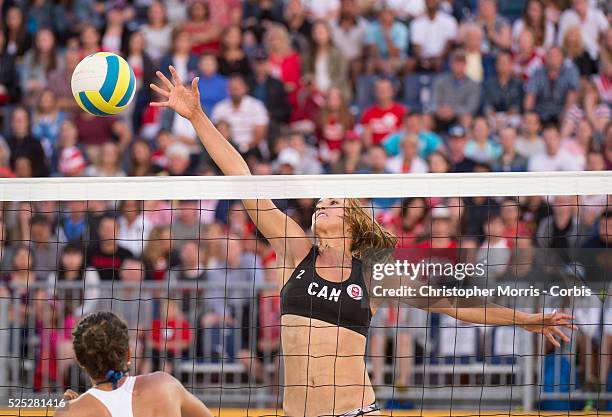 Taylor Pischke of Canada during the the preliminary rounds of beach volleyball competition at the 2015 PanAm Games in Toronto.