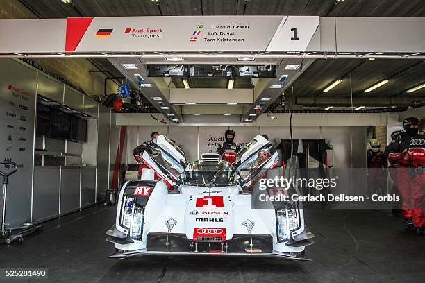 Class Audi Sport Team Joest Audi R18 e-tron quattro of Lucas Di Grassi , Loic Duval and Tom Kristensen in the garage before race start of Round 2 of...