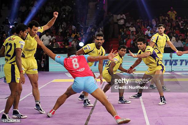 Jaipur Pink Panthers and Telgu Titans team players in action during the Pro Kabaddi league matches at Sawai Mansingh Indoor Stadium in Jaipur ,India,...