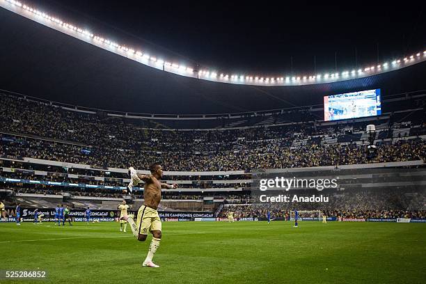 Michael Arroyo of Club America celebrates after scoring a goal against Tigres during the second leg of the final match of the CONCACAF Champions...