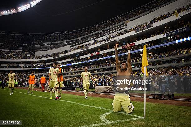 Michael Arroyo of Club America celebrates after scoring a goal against Tigres during the second leg of the final match of the CONCACAF Champions...