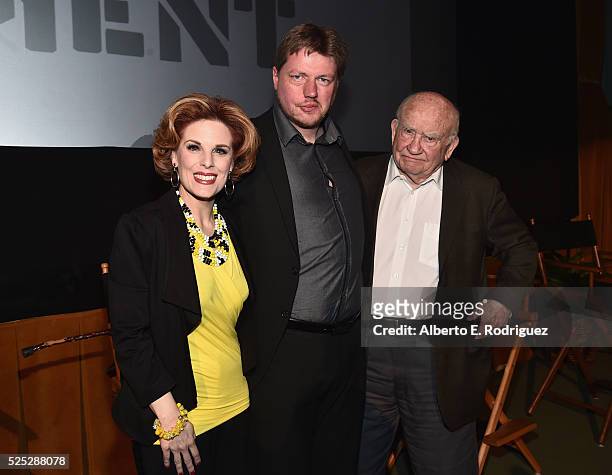 Actress Kat Kramer, director Michael von Hohenberg and actor Ed Asner attend the Atomic Age Cinema Fest Premiere of "The Man Who Saved The World" at...