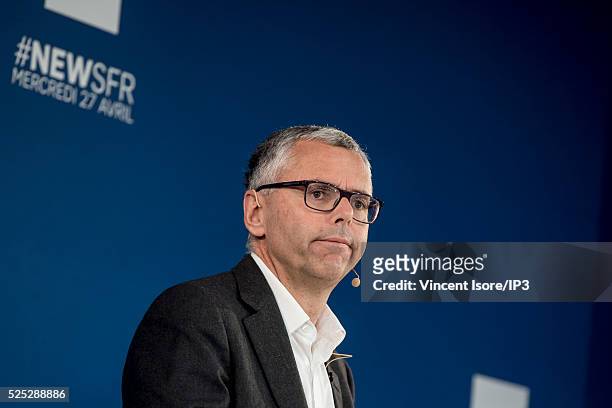 Michel Combes speaks during a press conference of Telecom Company Altice group SFR and and NextradioTV media group to announce that SFR will acquire...